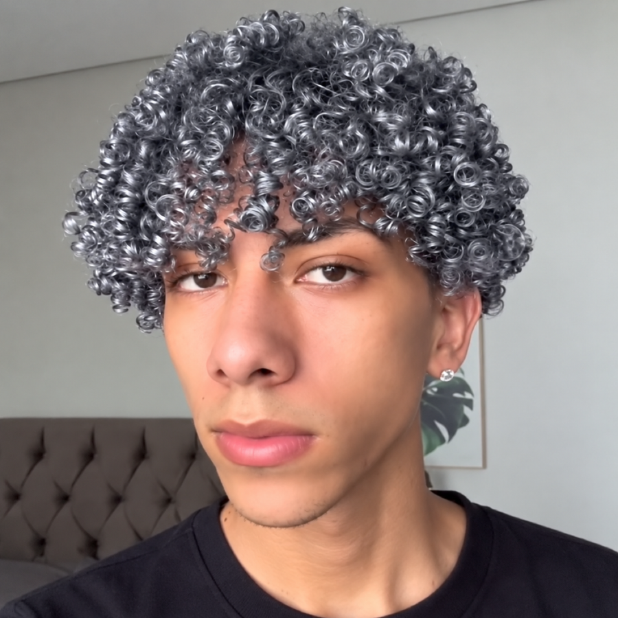 Silver-grey curls after applying temporary hair colour wax